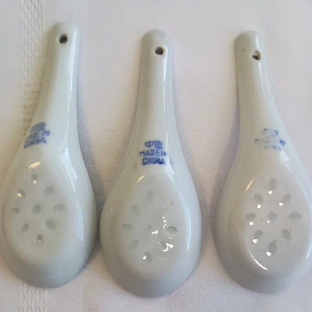 Blue and White Chinese Porcelain Bowl and Translucent Rice Grain Soup Spoons